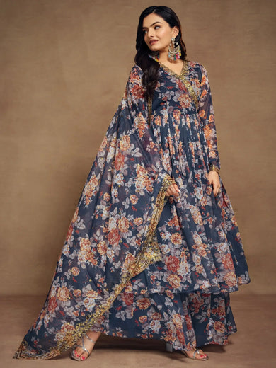 Attractive Blue Floral Printed Chiffon Festival Wear Palazzo Suit